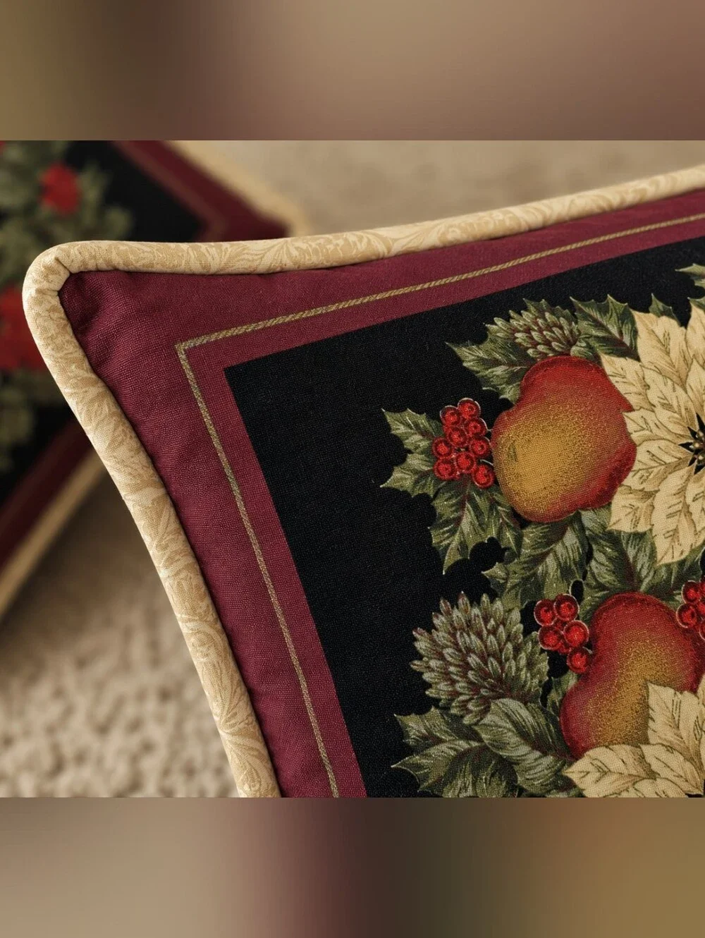 Vtg Christmas Poinsettia Pear Throw Pillows Burgundy Holiday Cottage Set Of Two